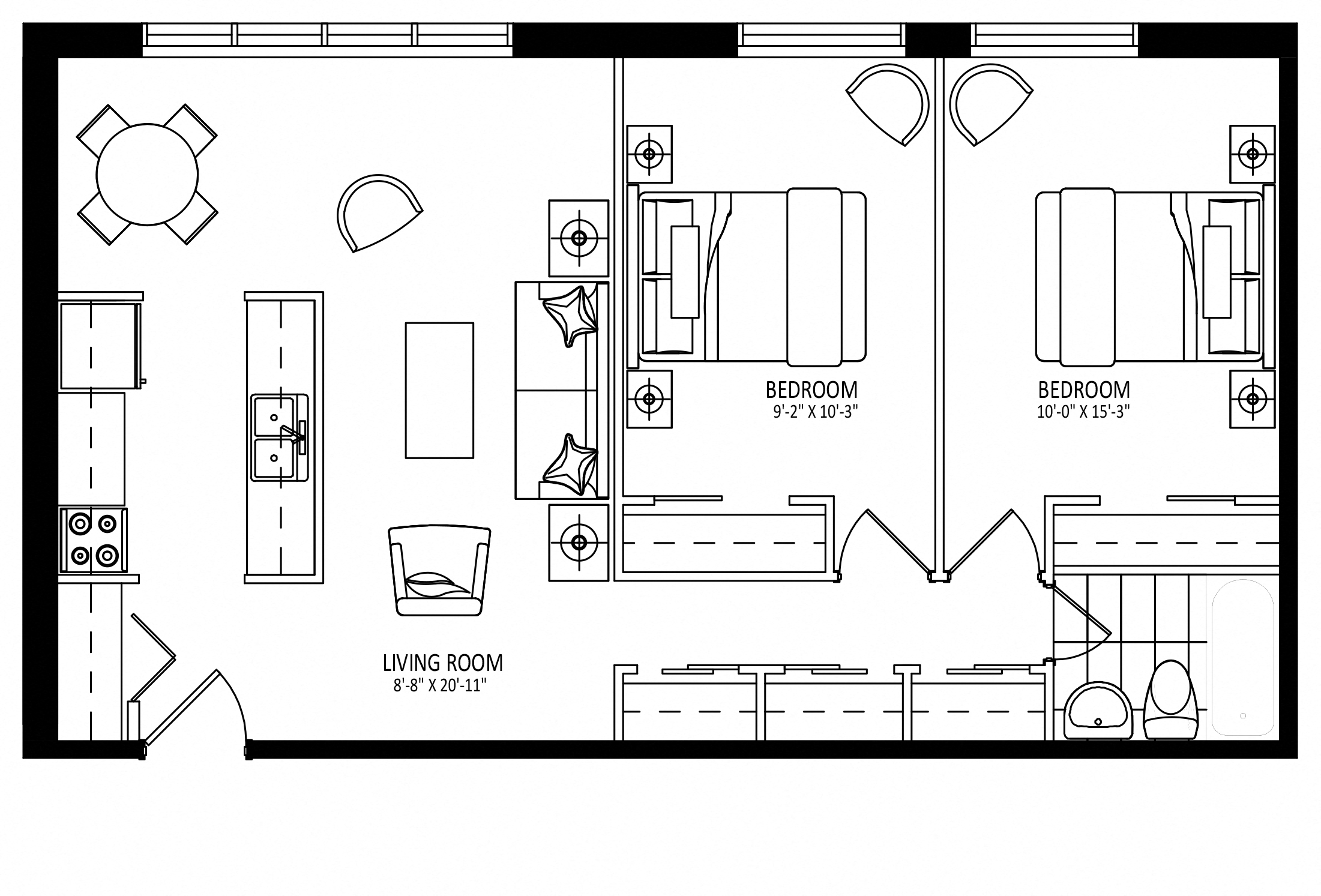 Floor plan for 2 beds, 1 bath, 850 sqft